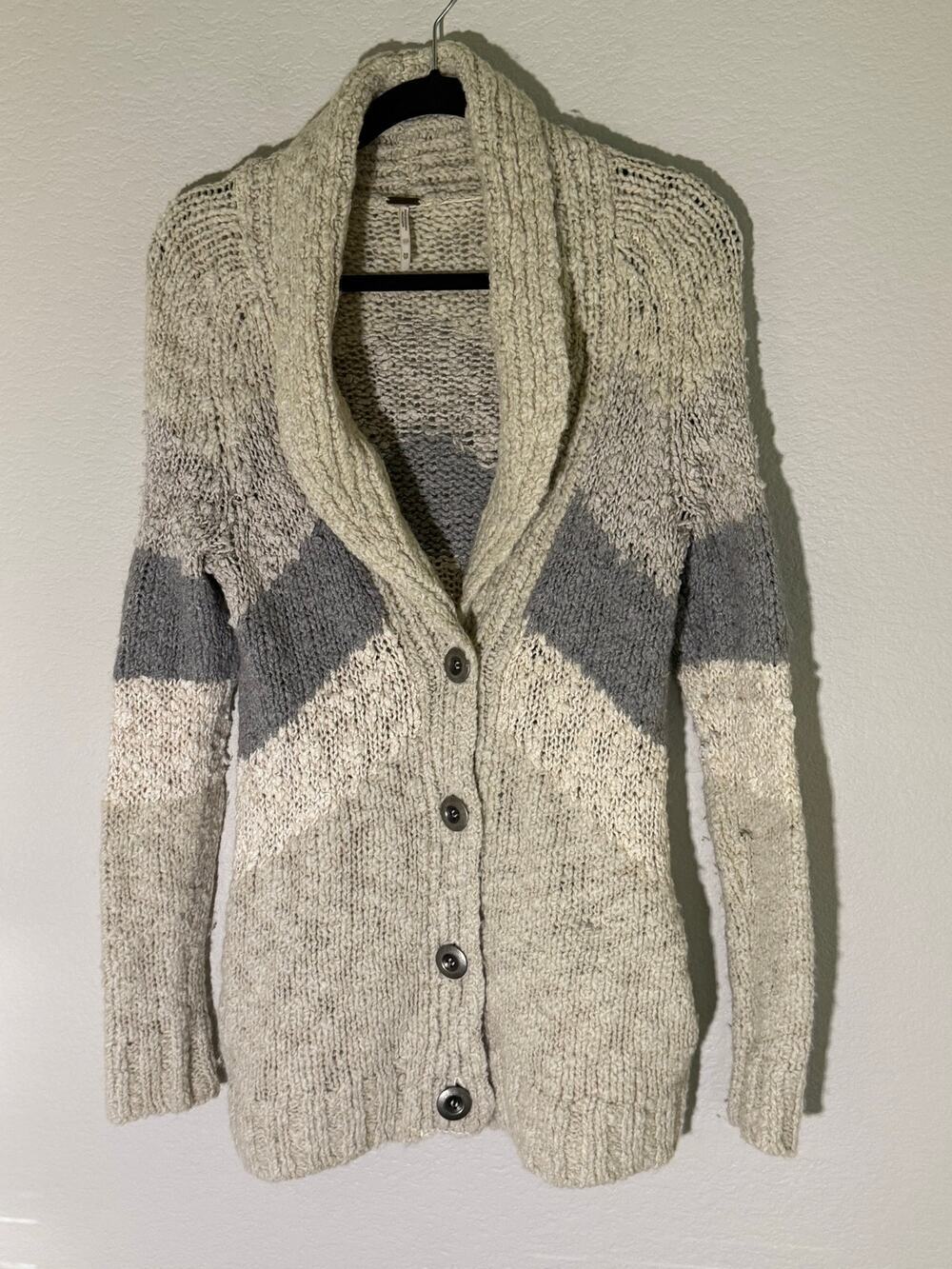 Free People Wool Blend Chevron Chunky Knit Shawl Collar Cardigan XS Oversized